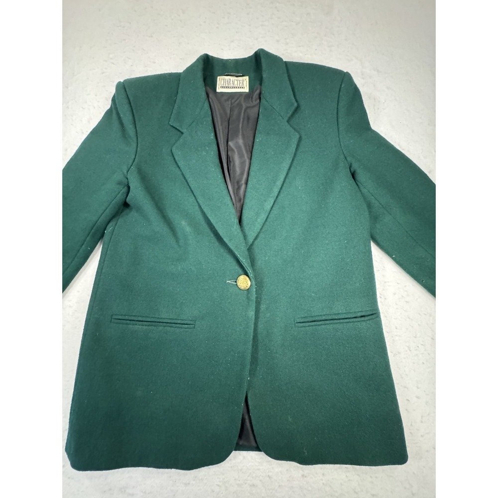 Vintage 80s Character Blazer Jacket Women 12 Green Wool Gold Crest Button Casual